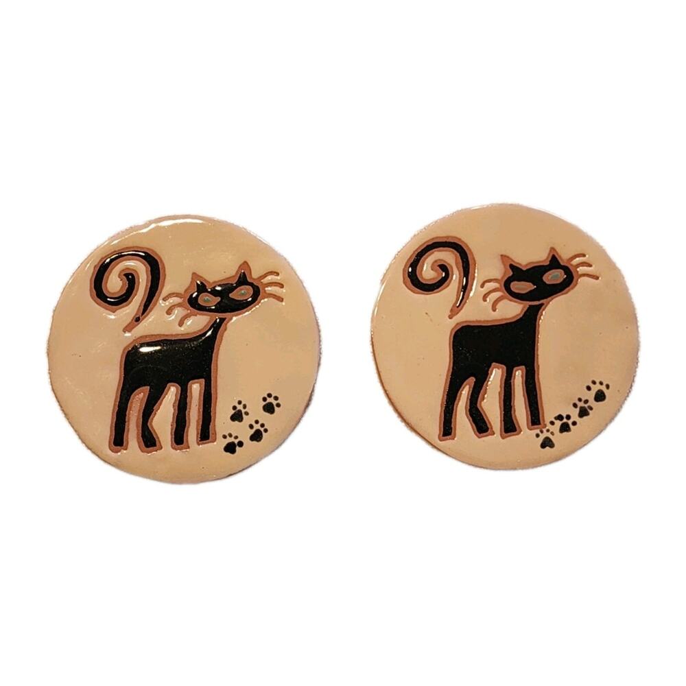 Sassy Cat Black Kitty Ceramic Coasters Set Of 2 4" Cork Backed Whimsy Folk Art